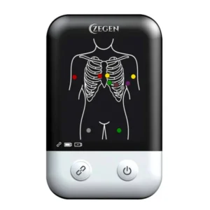 Electrocardiógrafo ZGN-10 mostrando su diseño compacto y conectividad Bluetooth para uso en telemedicina