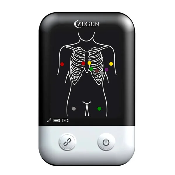 Electrocardiógrafo ZGN-10 mostrando su diseño compacto y conectividad Bluetooth para uso en telemedicina